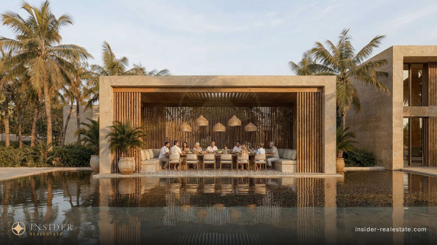 Mira Hills community centre: a majlis pavilion by the water under palms