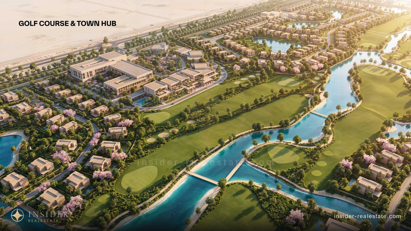 Aerial panorama of the Mira Hills golf course and town hub