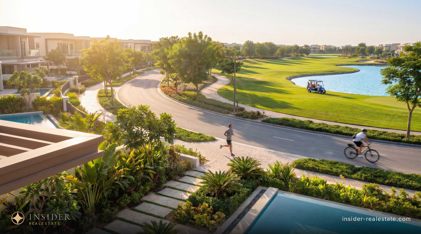 Mira Hills villas along the golf course, with a cycle path and a pond
