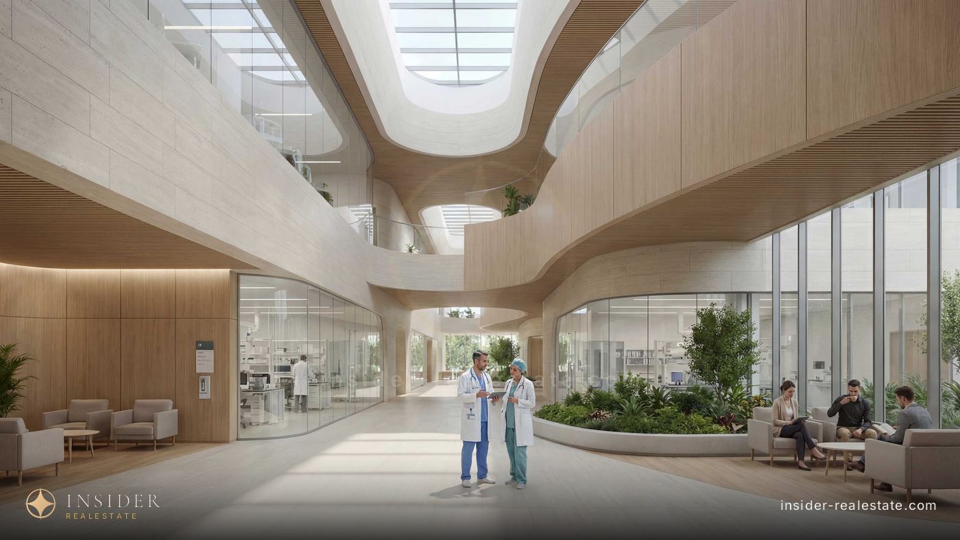 Interior of the Mira Hills hospital: a bright atrium with planting