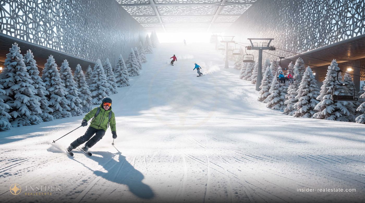 Render of an indoor ski slope: a skier, fir trees and a lift under a perforated vault