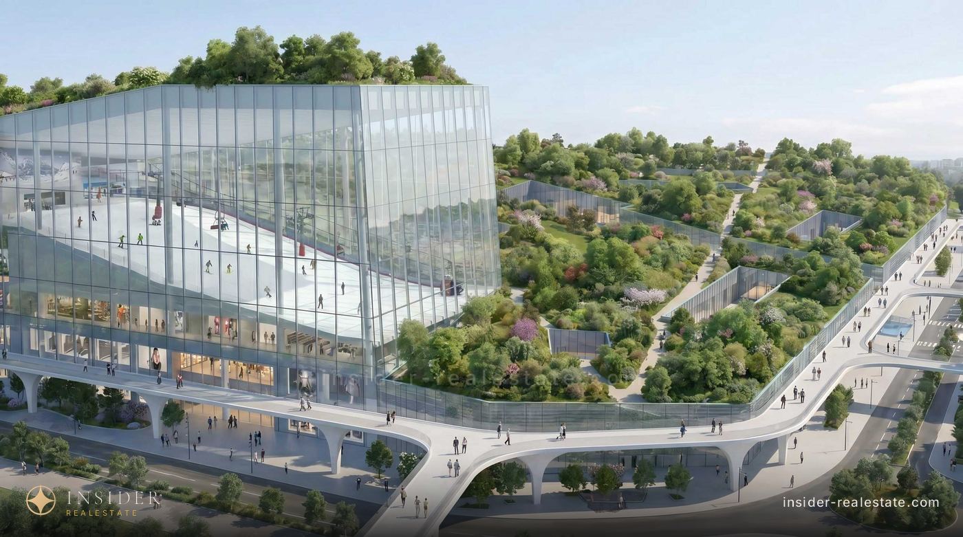 Glass volume of the Mira Hills mall with a green roof