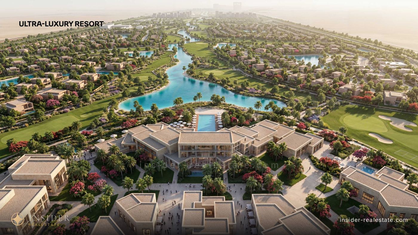 Resort complex in Mira Hills with a pool by the lagoon, seen from the air