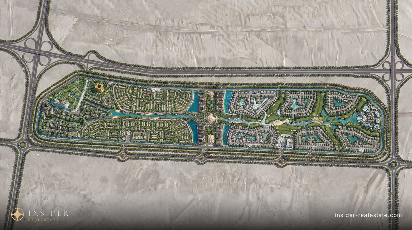 Mira Hills master plan from above: a strip of development along the highway with lagoons