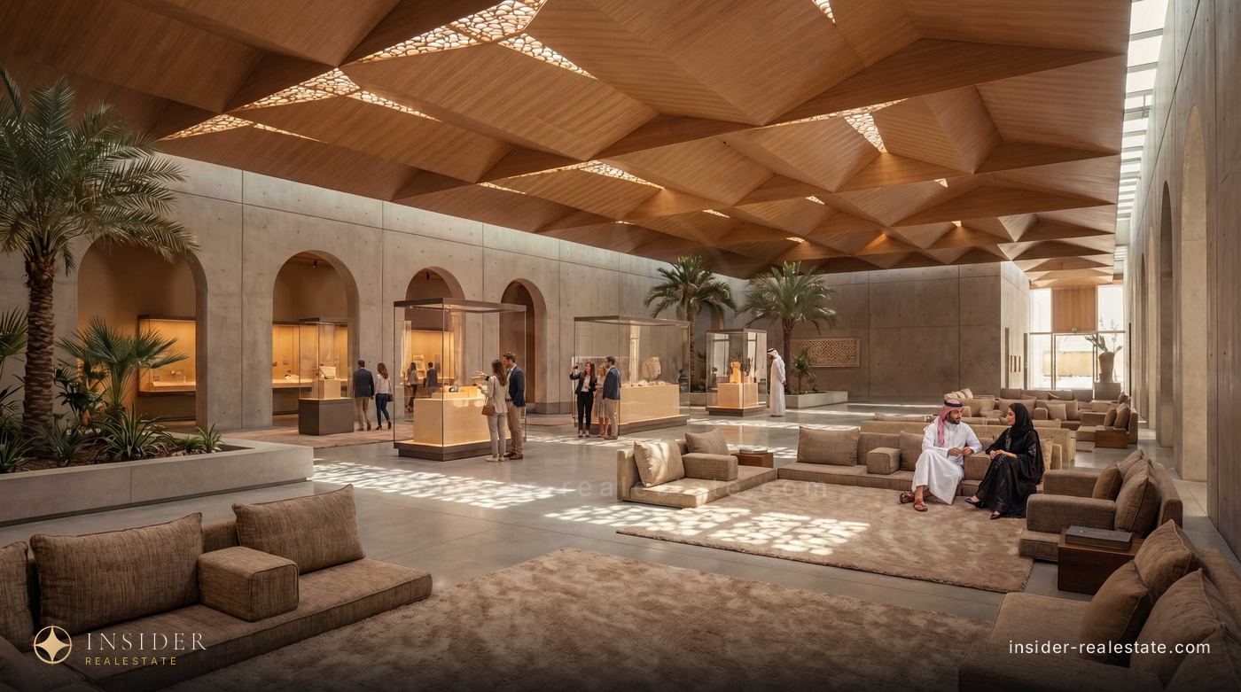 Interior of the Museum of the UAE: a hall under a timber vault with palms and vitrines
