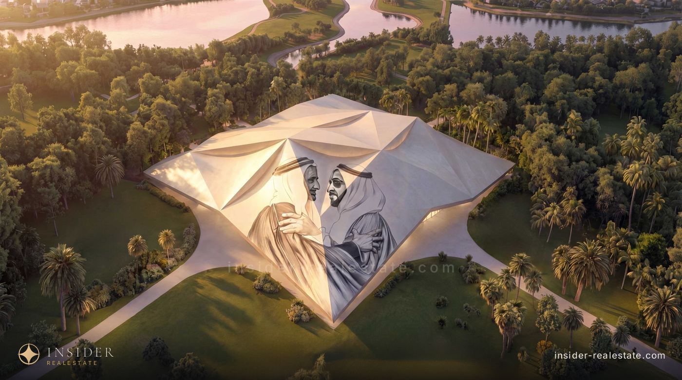 Museum of the UAE: a white sail roof carrying a portrait, among greenery and water
