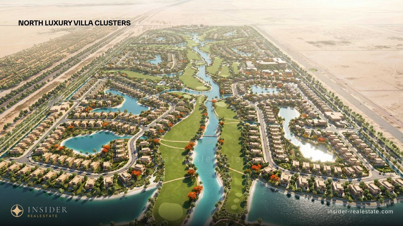 Villa clusters in the northern zone of Mira Hills among canals, seen from above
