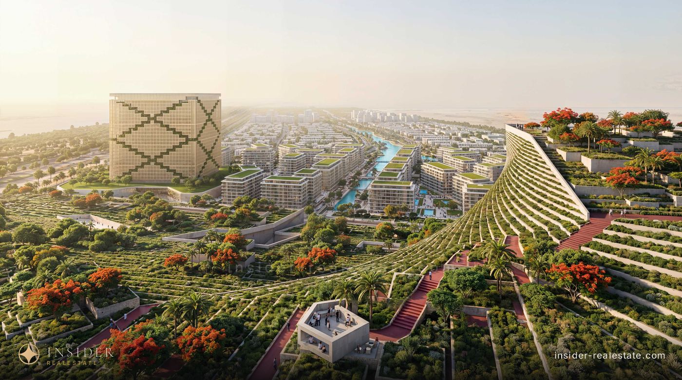 Aerial render of Mira Hills: terraced gardens, canals and The Cube tower