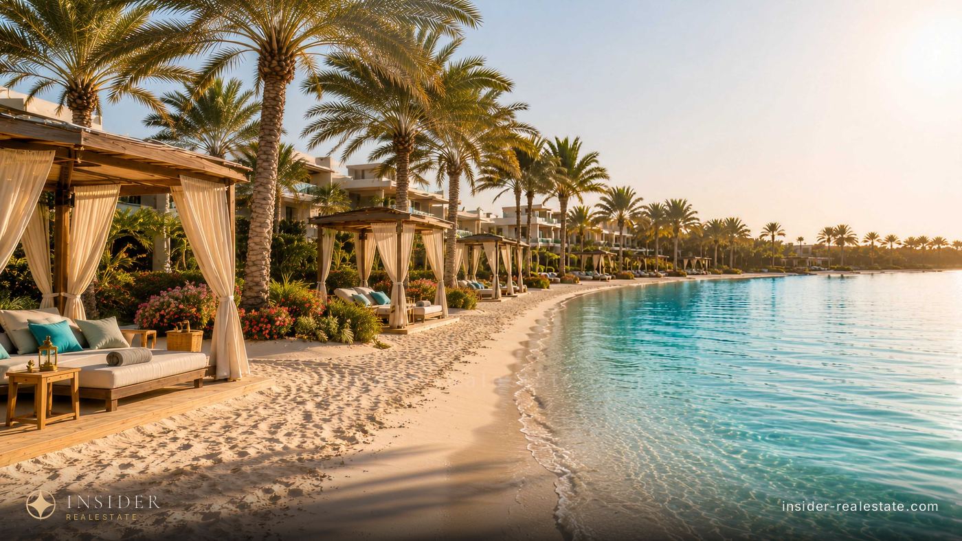 Private beach in Mira Hills with loungers under canopies and palm trees