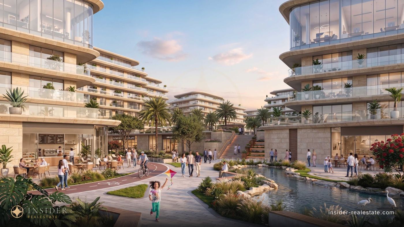 Canal promenade in Mira Hills, people by the water below residence balconies
