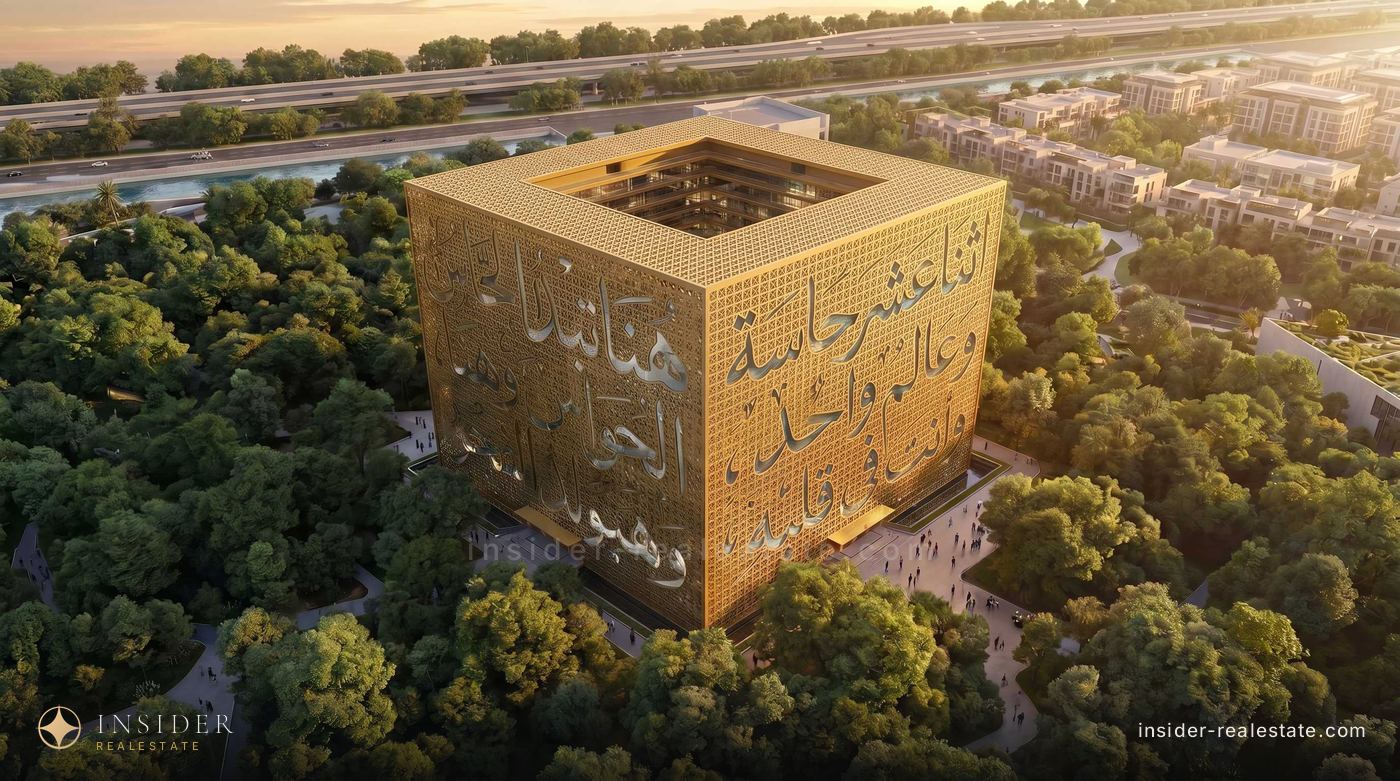 The Cube — a cubic office building with Arabic script on the facade, set in greenery