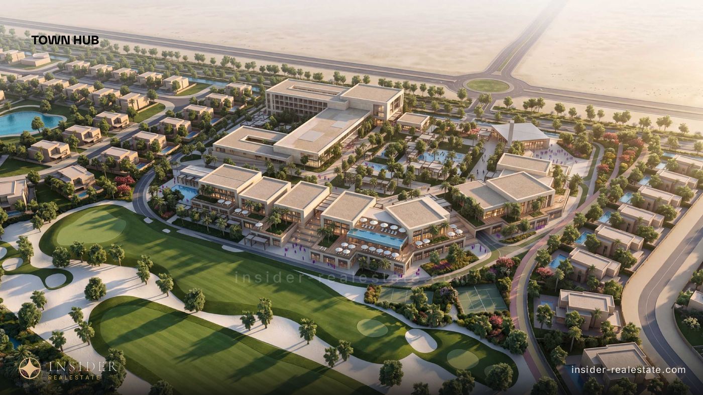 Aerial render of the Mira Hills town hub beside the golf course