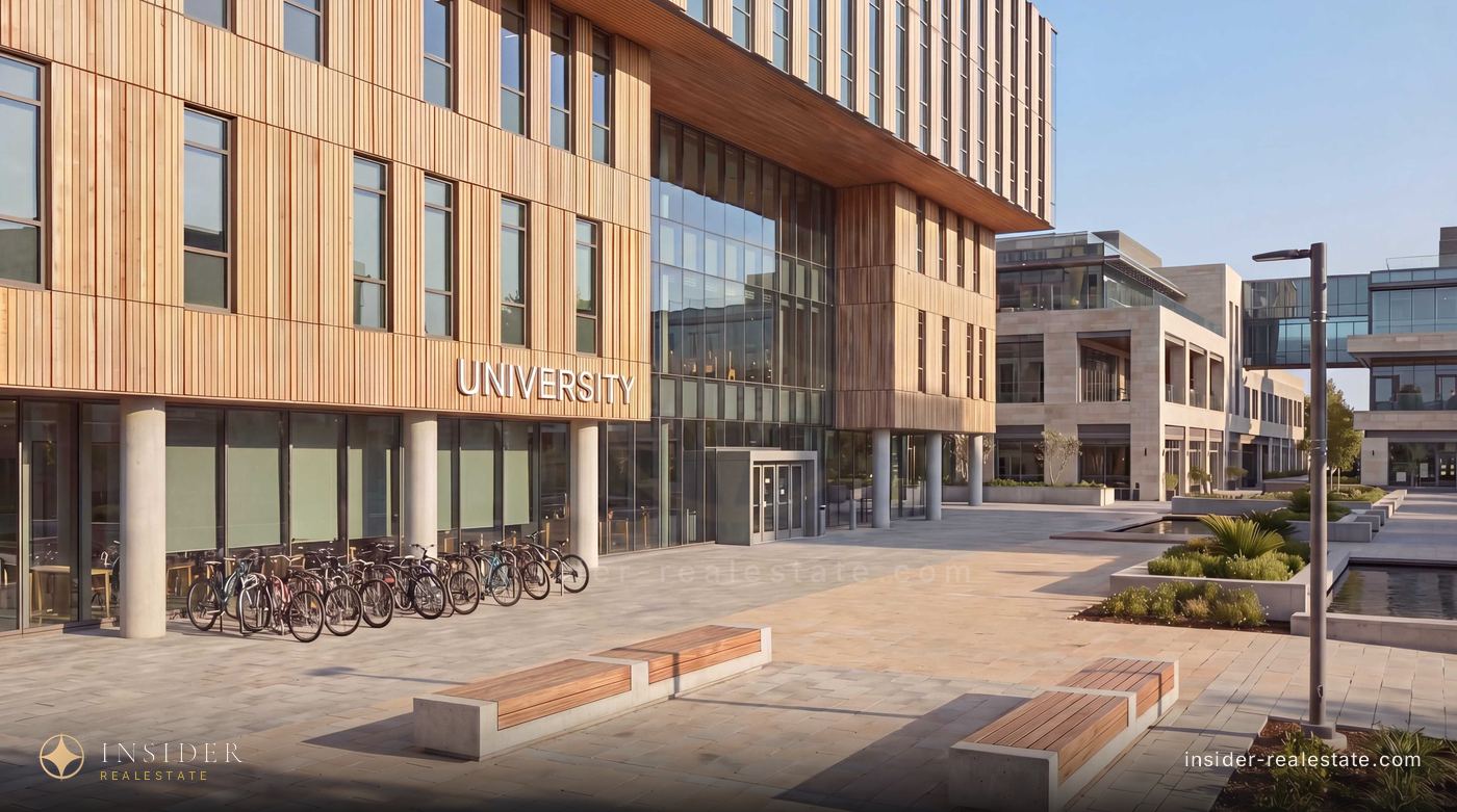 University building in Mira Hills with bicycle parking and a square