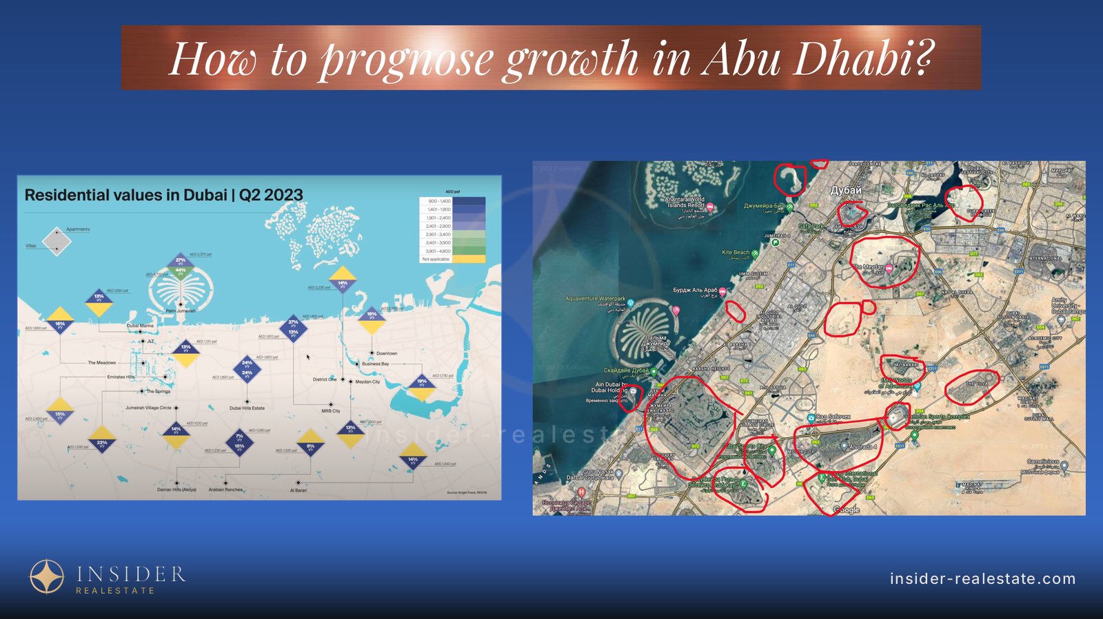 Map of price growth by Dubai district beside a satellite image of the city