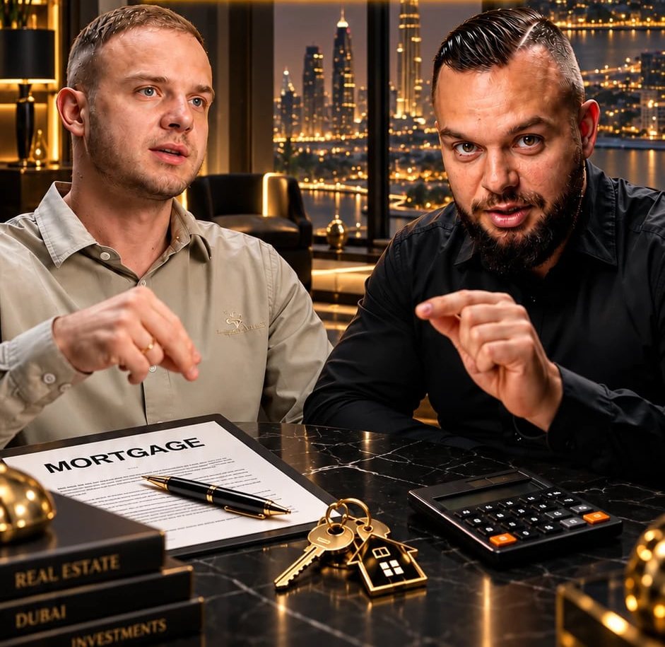Oleg Svyatenko and a mortgage broker going through a final payment on a Dubai flat