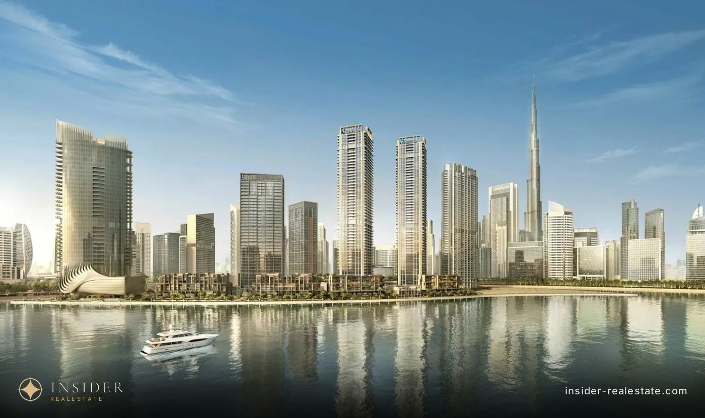 The Peninsula quarter on the bend of the Dubai Canal: the Select Group towers with Burj Khalifa behind them