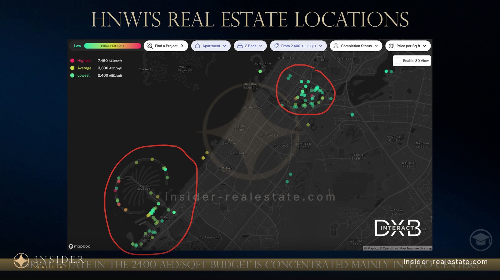 Map of Dubai with projects priced above AED 2 400 per square foot