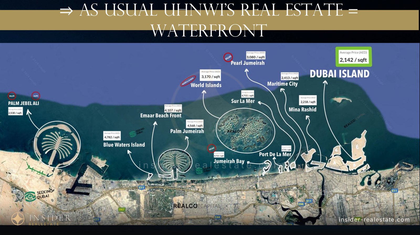 Map of the Dubai coastline with per-square-foot prices by waterfront project